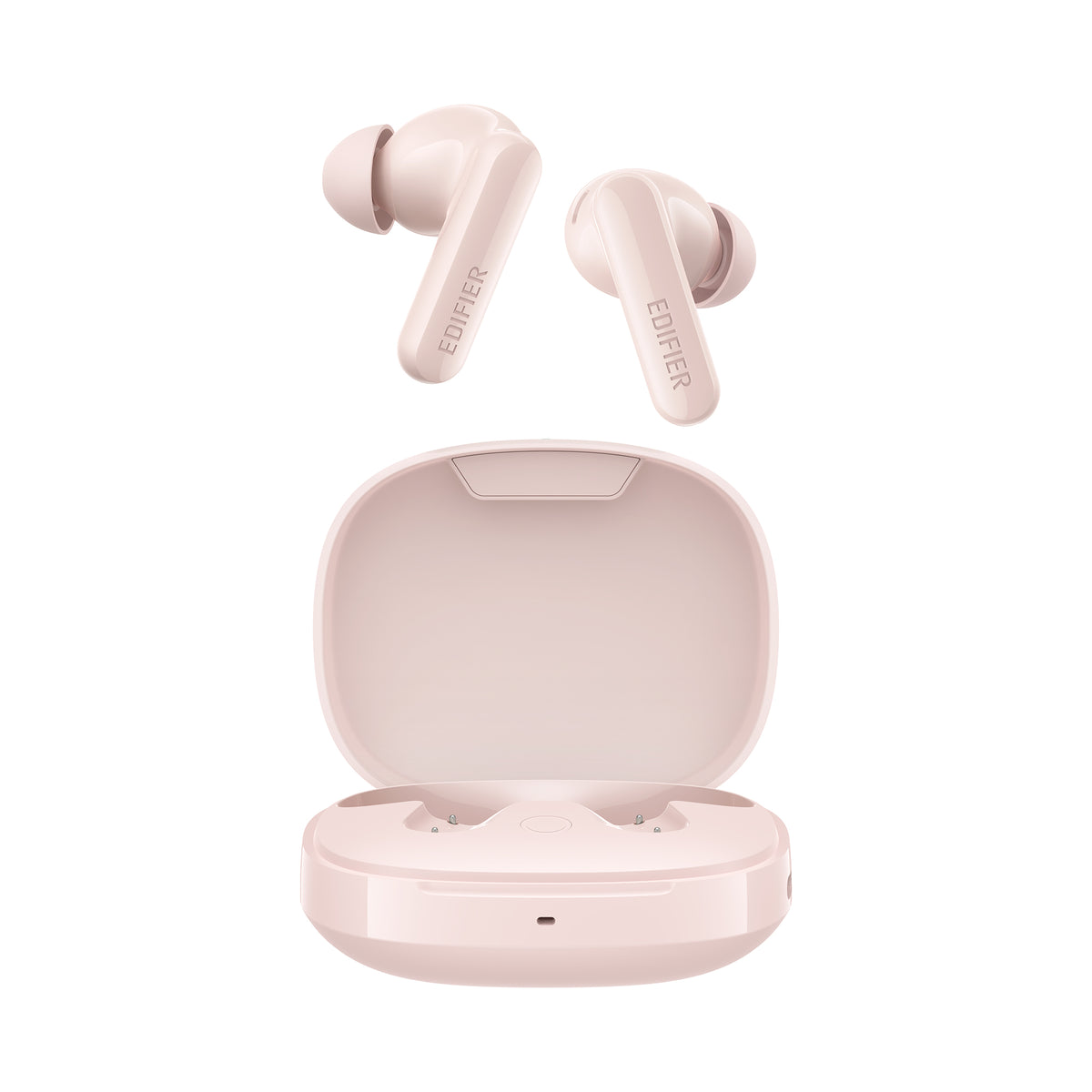 X2 Pro Pink earbuds and open charging case front view