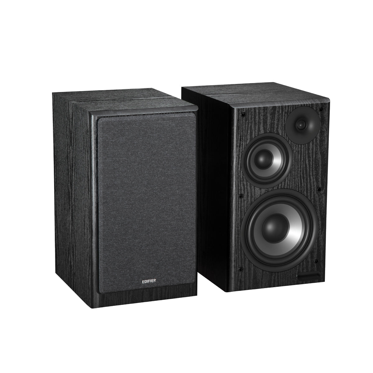 EDIFIER R2750DB Black bookshelf speaker pair with one grille removed