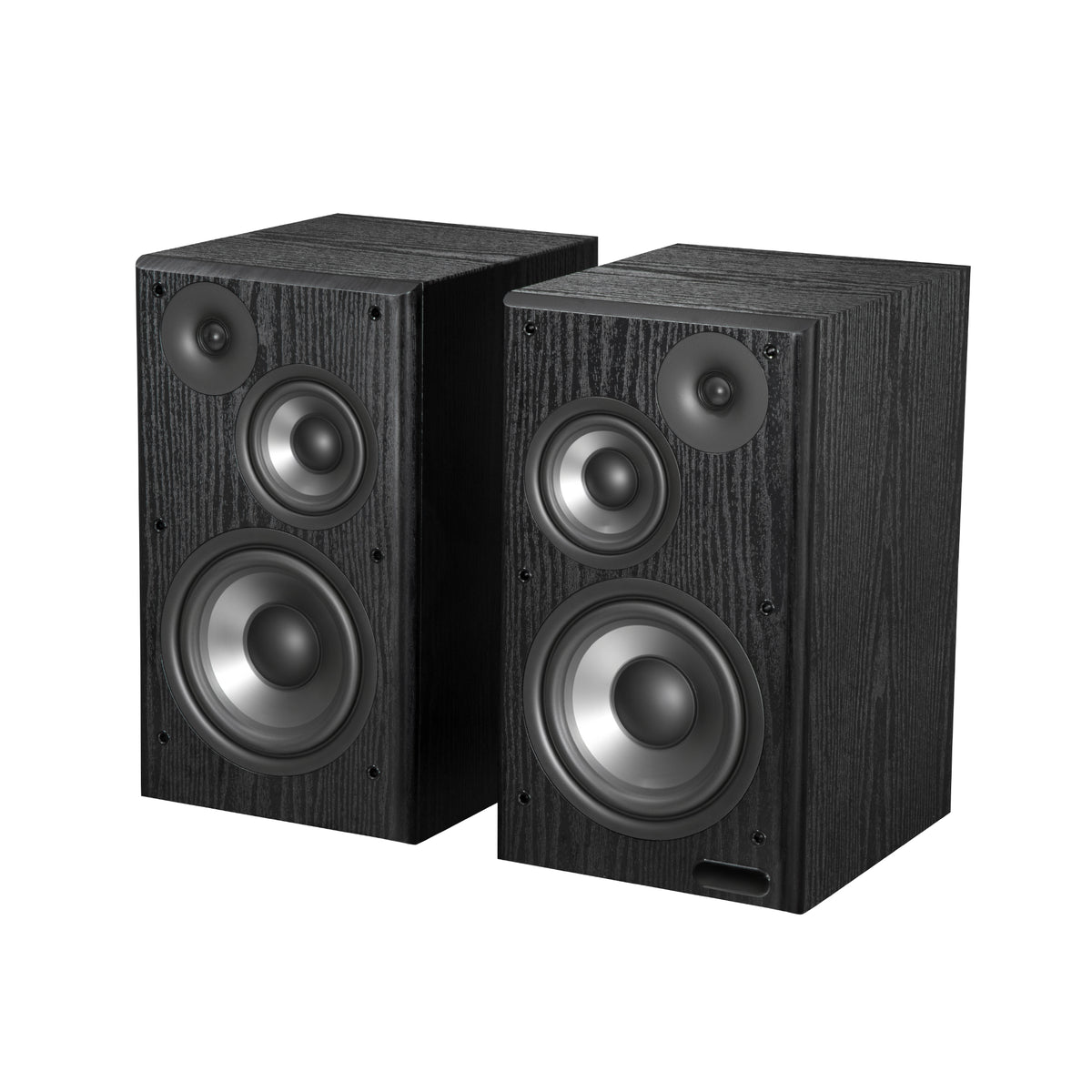 EDIFIER R2750DB Black speaker pair three-quarter view with drivers exposed