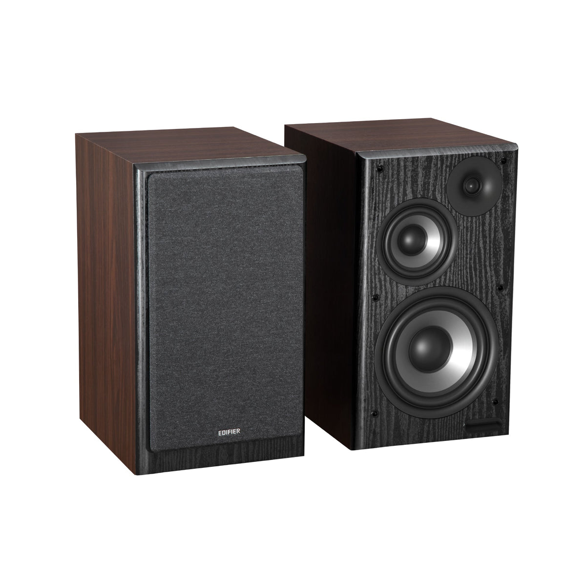 EDIFIER R2750DB Walnut speaker pair with left grille fitted