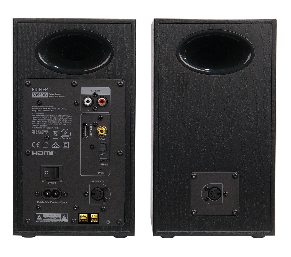 EDIFIER S355DB Black satellite speaker rear panels and connections
