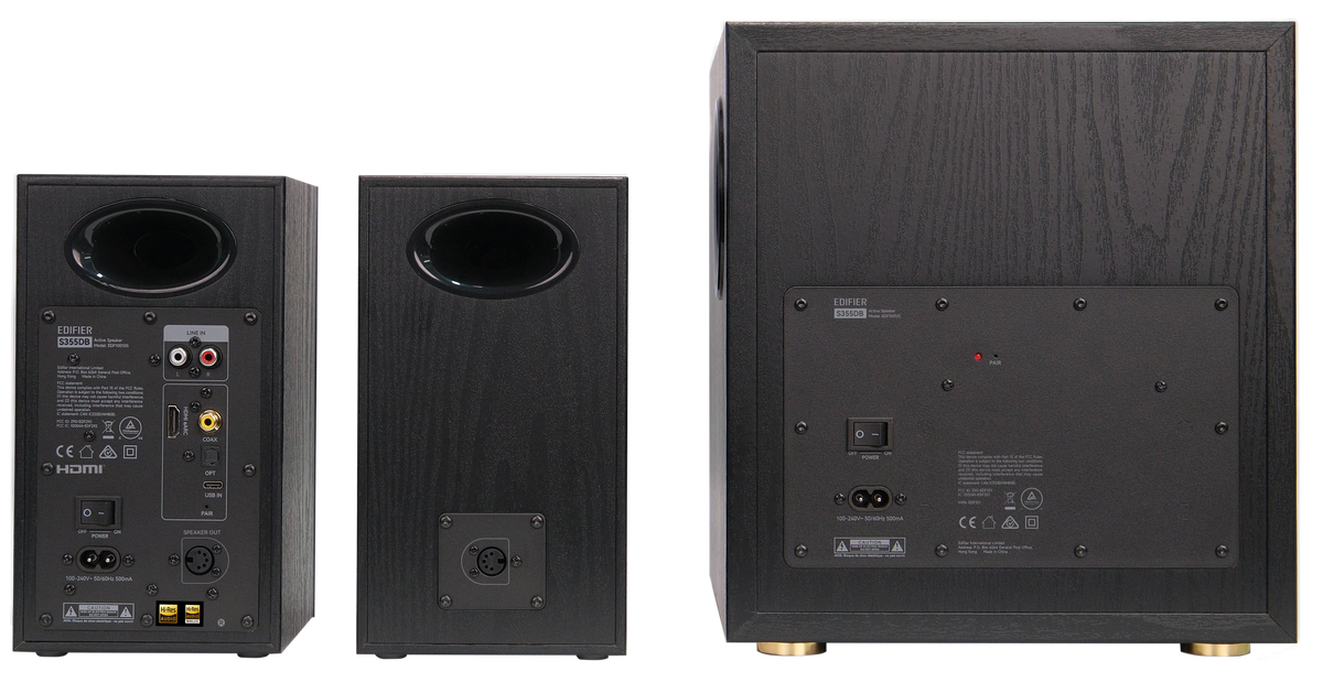 EDIFIER S355DB Black rear view of the speaker system connections