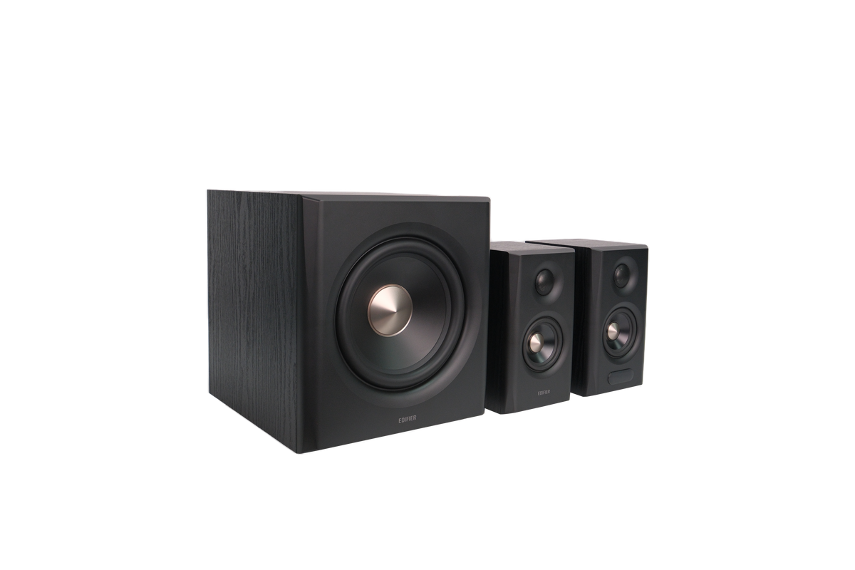 EDIFIER S355DB Black three-quarter view of the complete speaker system