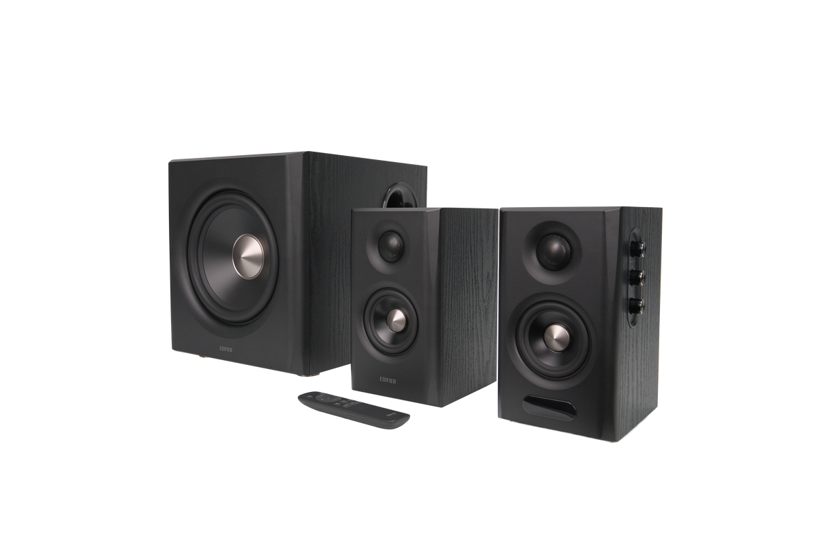 EDIFIER S355DB Black speaker system with remote control in the foreground