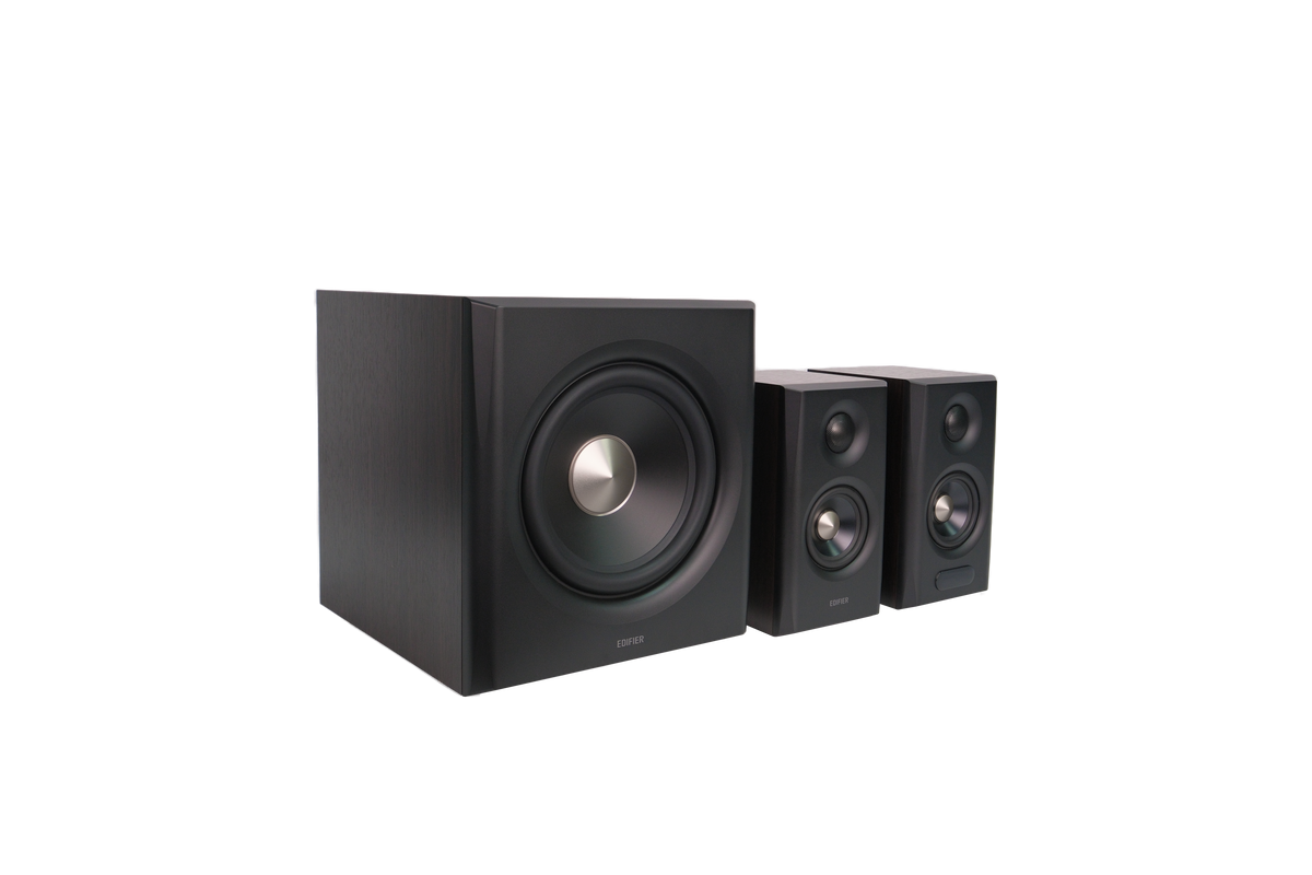 EDIFIER S355DB Walnut front view of the complete speaker system