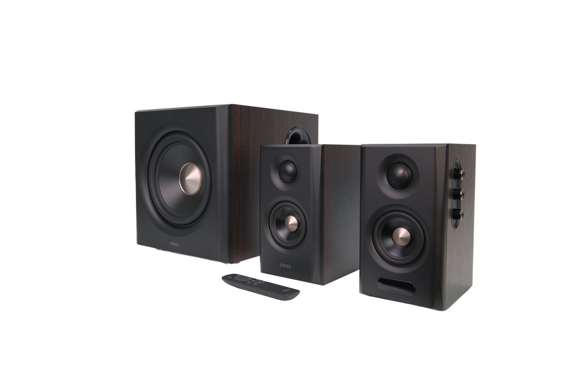 EDIFIER S355DB Walnut speaker system with remote control in the foreground