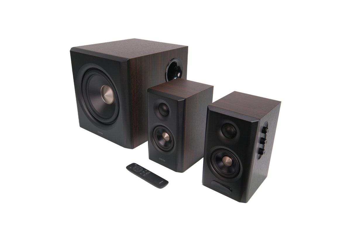 EDIFIER S355DB Walnut elevated three-quarter view of the complete speaker system
