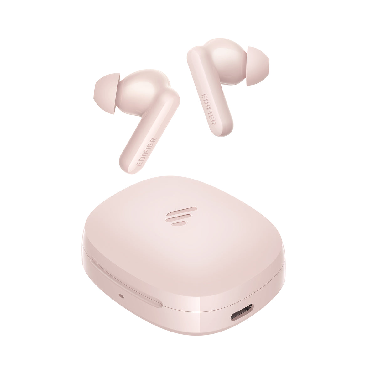 X2 Pro Pink earbuds floating above charging case