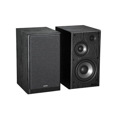 EDIFIER R2750DB Black bookshelf speaker pair with one grille removed