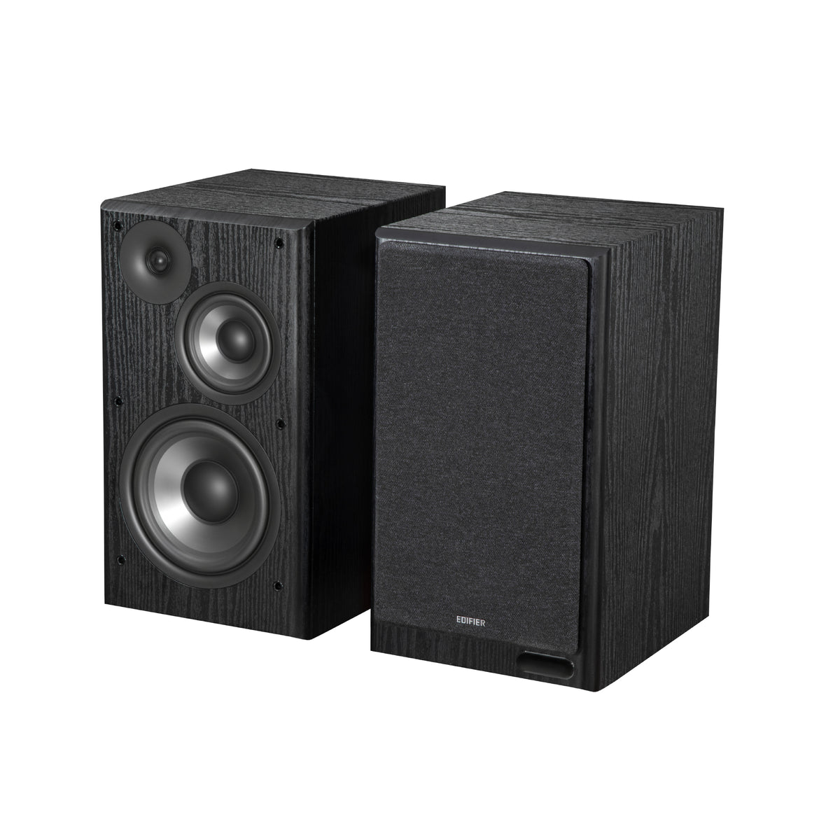 EDIFIER R2750DB Black speaker pair with one grille fitted