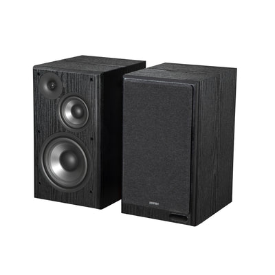 EDIFIER R2750DB Black speaker pair with one grille fitted