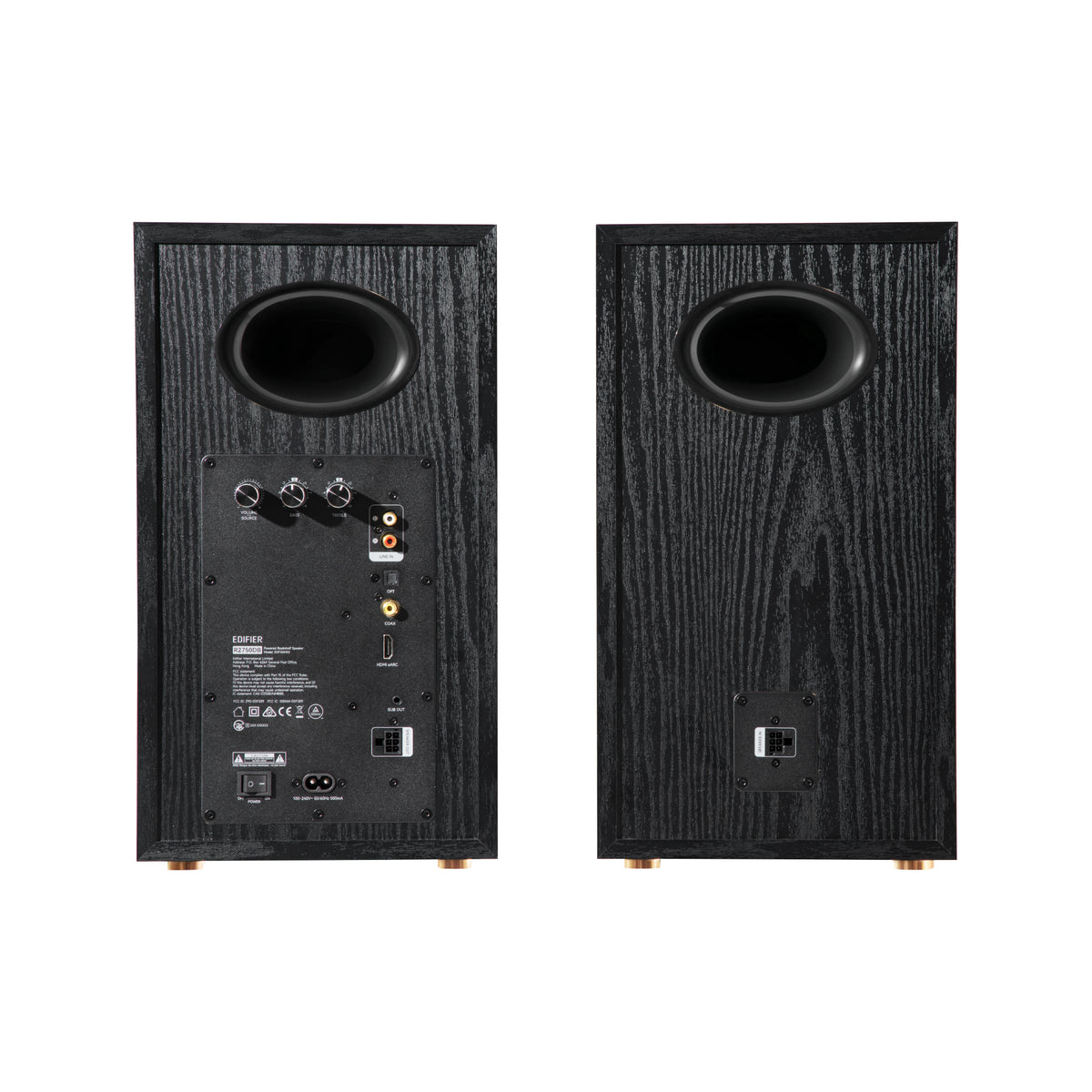EDIFIER R2750DB Black speaker rear panels, inputs and bass ports