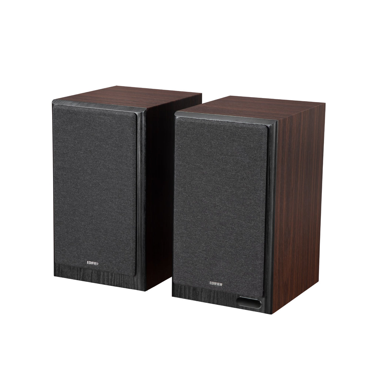 EDIFIER R2750DB Walnut speaker pair angled view with grilles