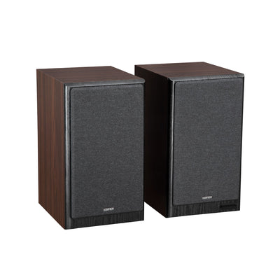 EDIFIER R2750DB Walnut speaker pair alternate three-quarter view with grilles