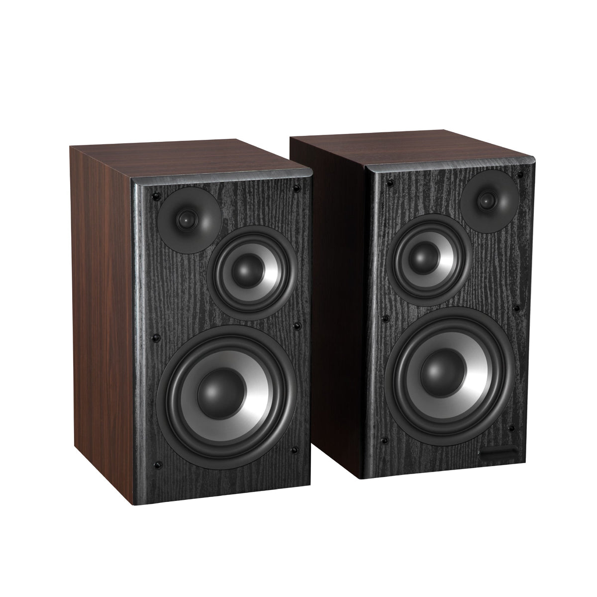 EDIFIER R2750DB Walnut speaker pair angled view with drivers exposed