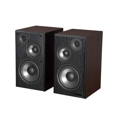 EDIFIER R2750DB Walnut speaker pair three-quarter view with drivers exposed
