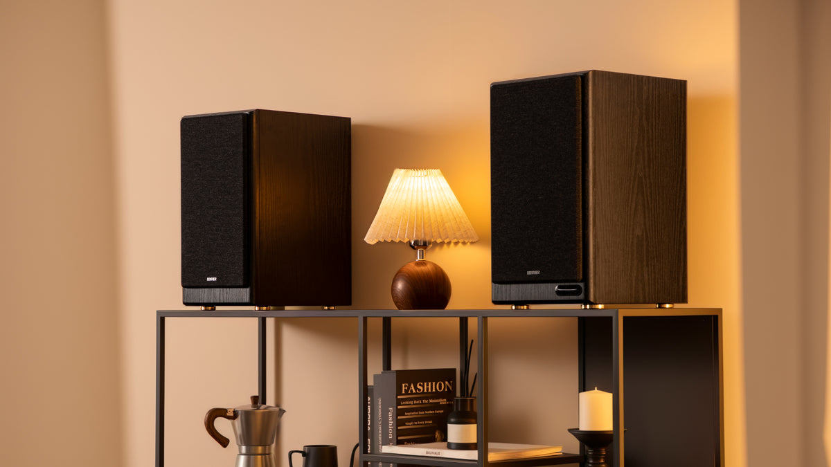EDIFIER R2750DB Walnut speakers in a home audio setup