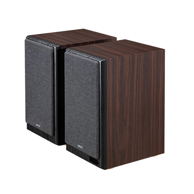 EDIFIER R2750DB Walnut speaker pair three-quarter view with grilles