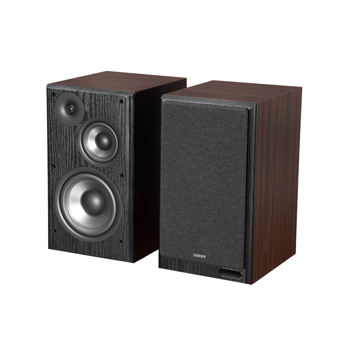 EDIFIER R2750DB Walnut speaker pair with one grille removed