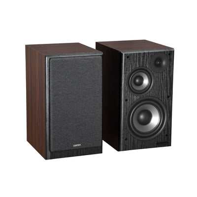 EDIFIER R2750DB Walnut speaker pair with left grille fitted