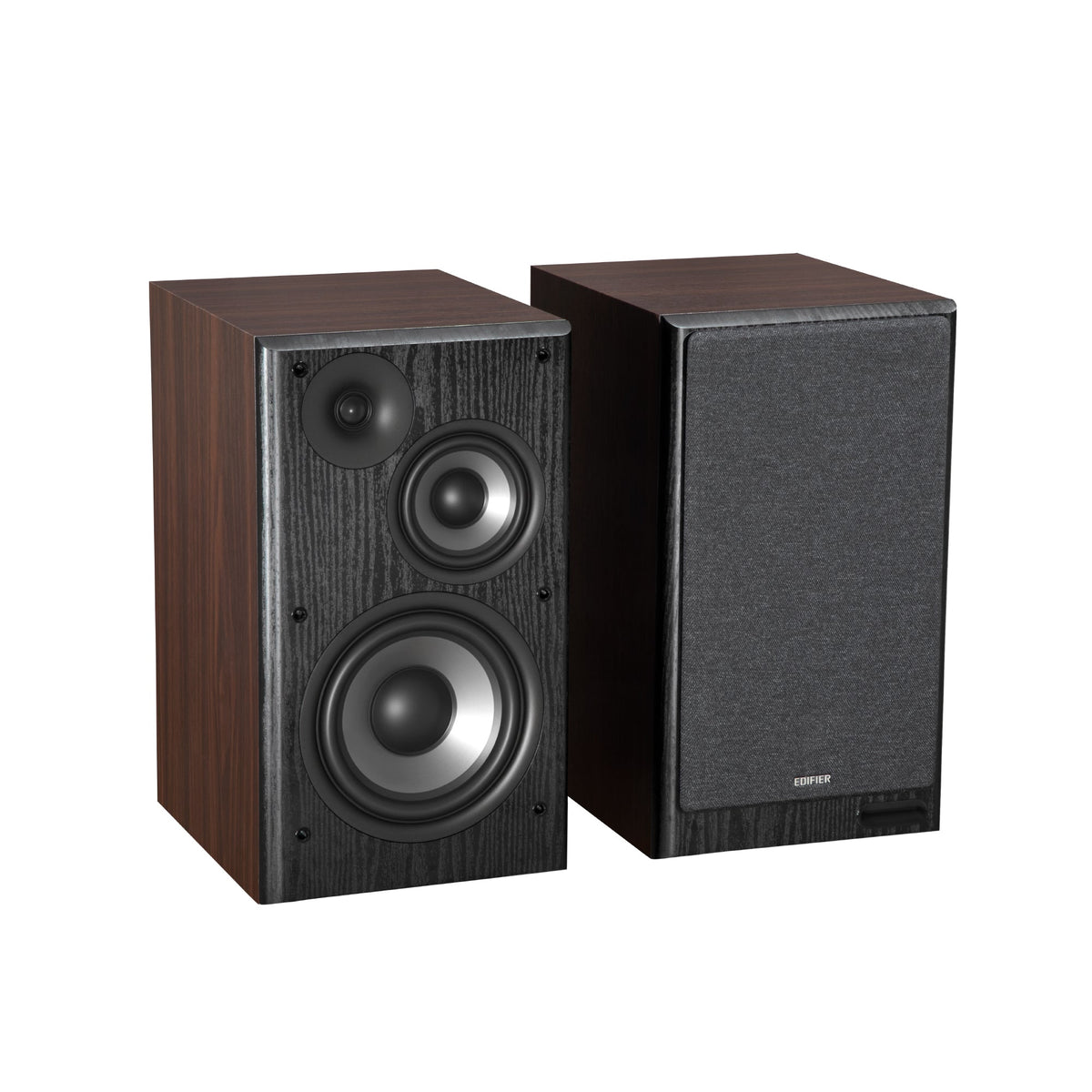 EDIFIER R2750DB Walnut speaker pair with right grille fitted
