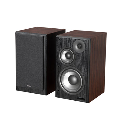 EDIFIER R2750DB Walnut speaker pair front three-quarter view with one grille removed