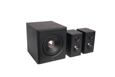 EDIFIER S355DB Black angled view of the complete speaker system