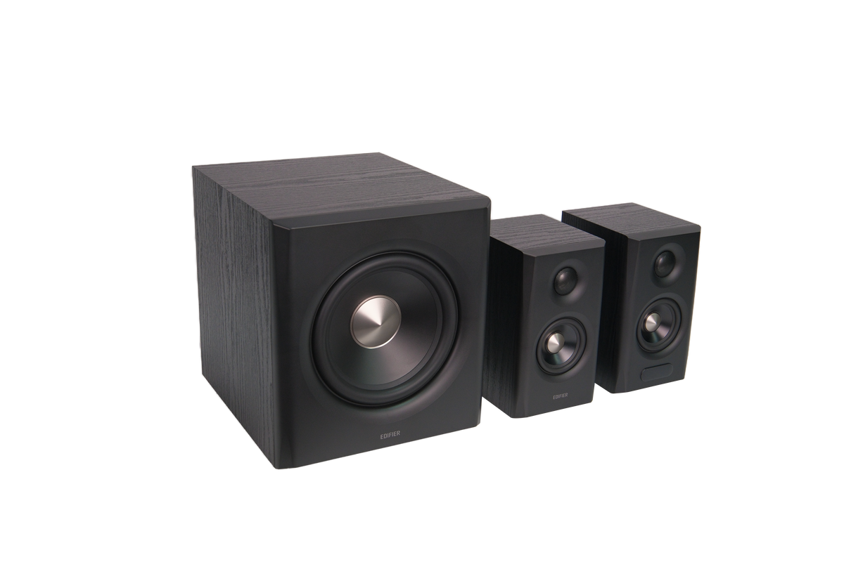 EDIFIER S355DB Black angled view of the complete speaker system