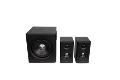 EDIFIER S355DB Black front view of the complete speaker system