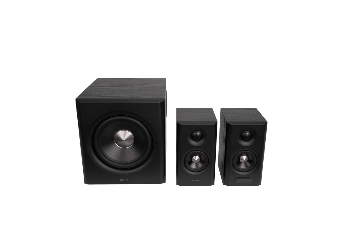 EDIFIER S355DB Black front view of the complete speaker system