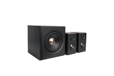 EDIFIER S355DB Black three-quarter view of the complete speaker system