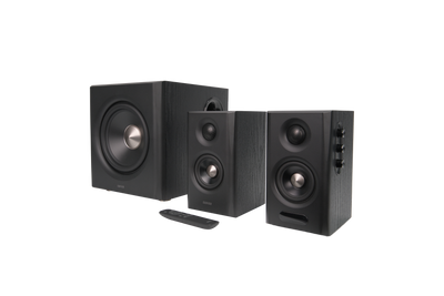 EDIFIER S355DB Black speaker system with remote control in the foreground
