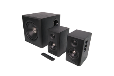 EDIFIER S355DB Black elevated three-quarter view of the complete speaker system
