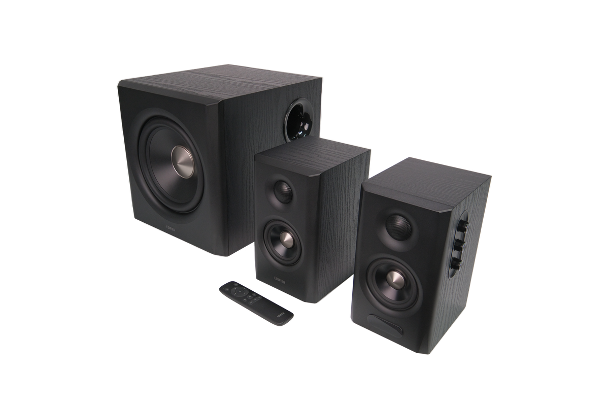 EDIFIER S355DB Black elevated three-quarter view of the complete speaker system