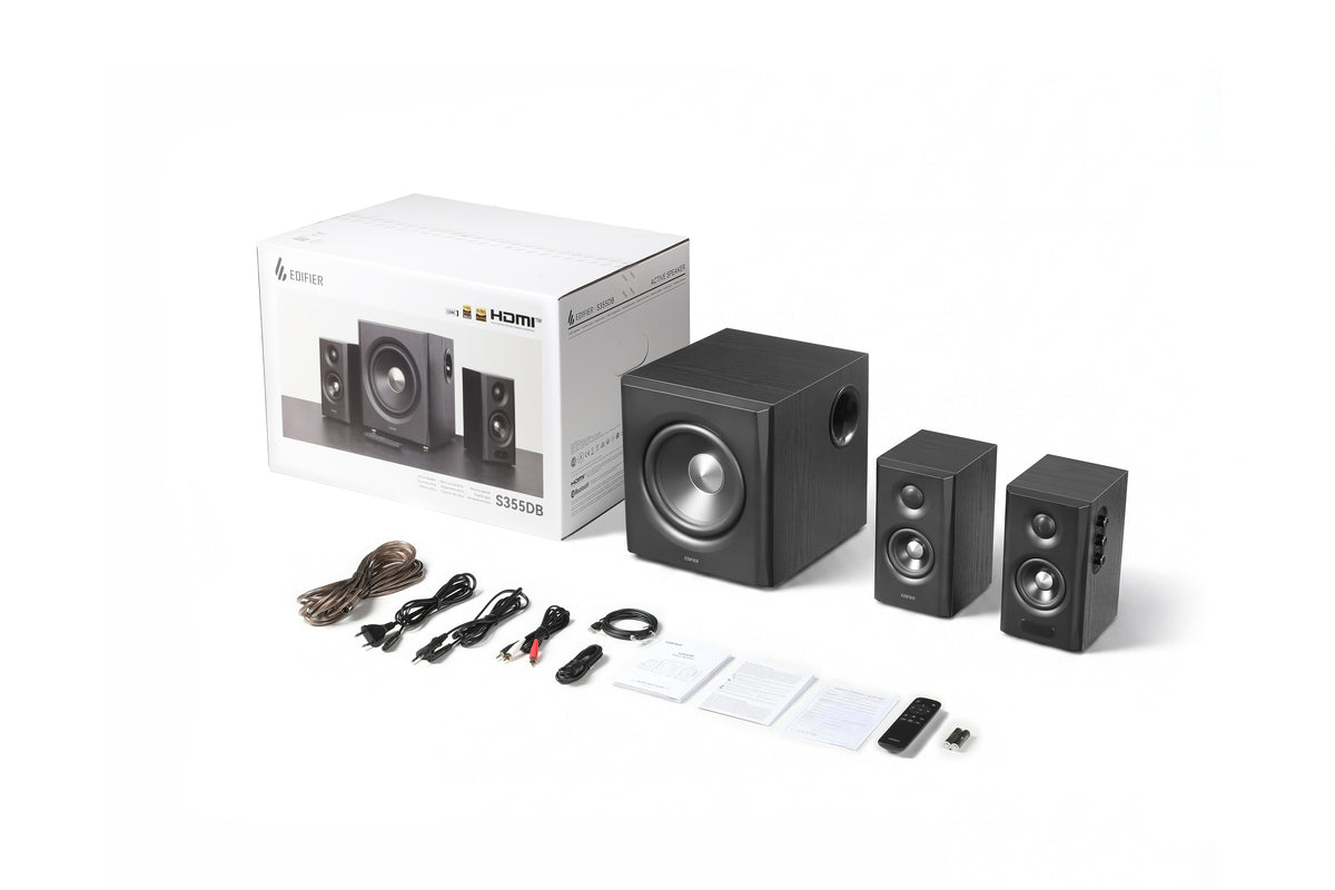 EDIFIER S355DB Black speaker system, accessories and retail packaging