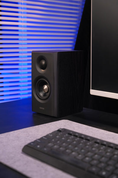 EDIFIER S355DB Black 2.1 speaker system satellite speaker on a gaming desk