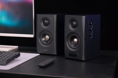 EDIFIER S355DB Black 2.1 speaker system active satellite controls and remote on a desk
