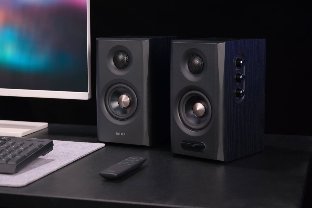 EDIFIER S355DB Black 2.1 speaker system active satellite controls and remote on a desk