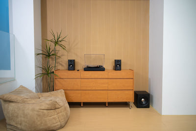 EDIFIER S355DB Black 2.1 speaker system in a turntable listening setup