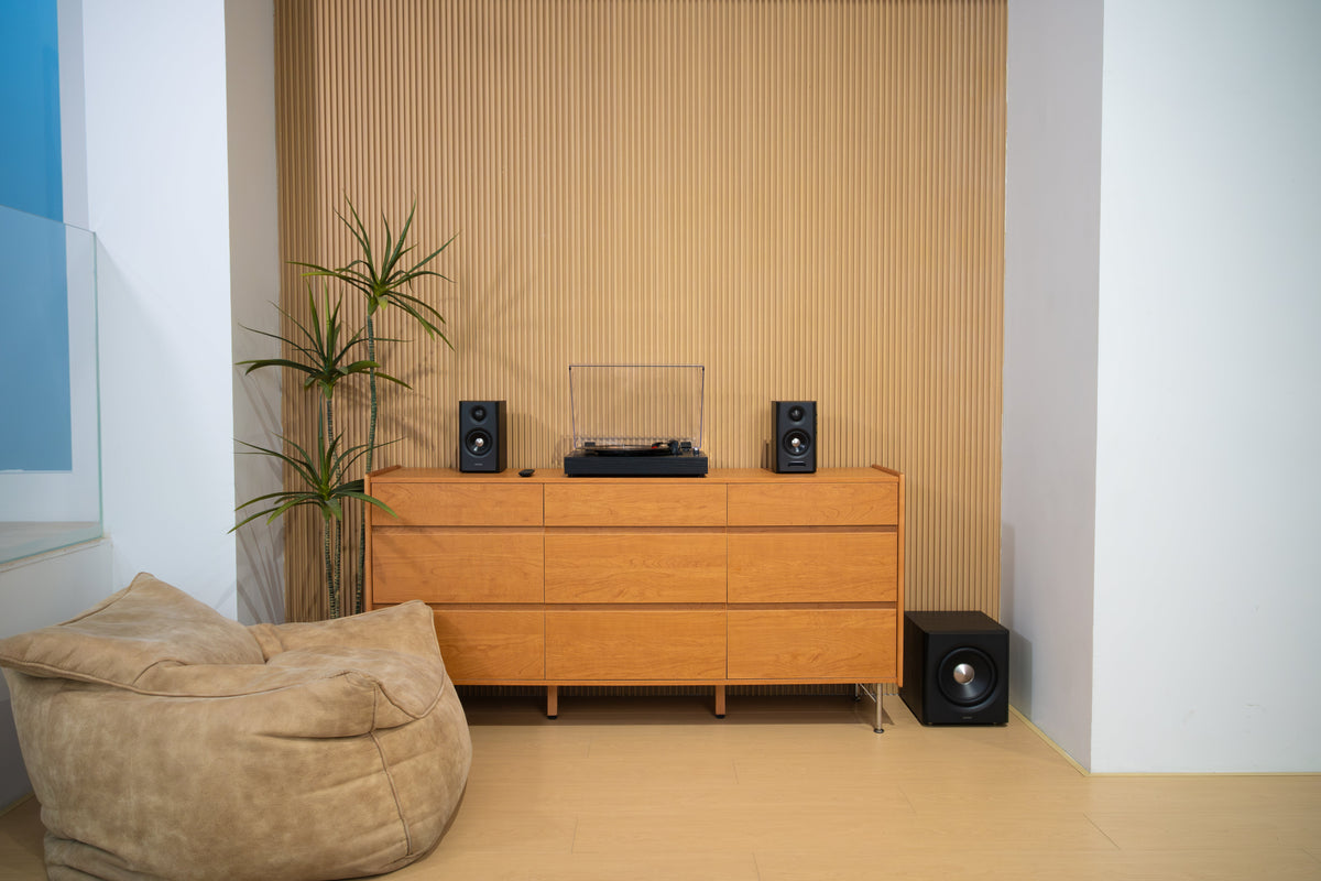 EDIFIER S355DB Black 2.1 speaker system in a turntable listening setup