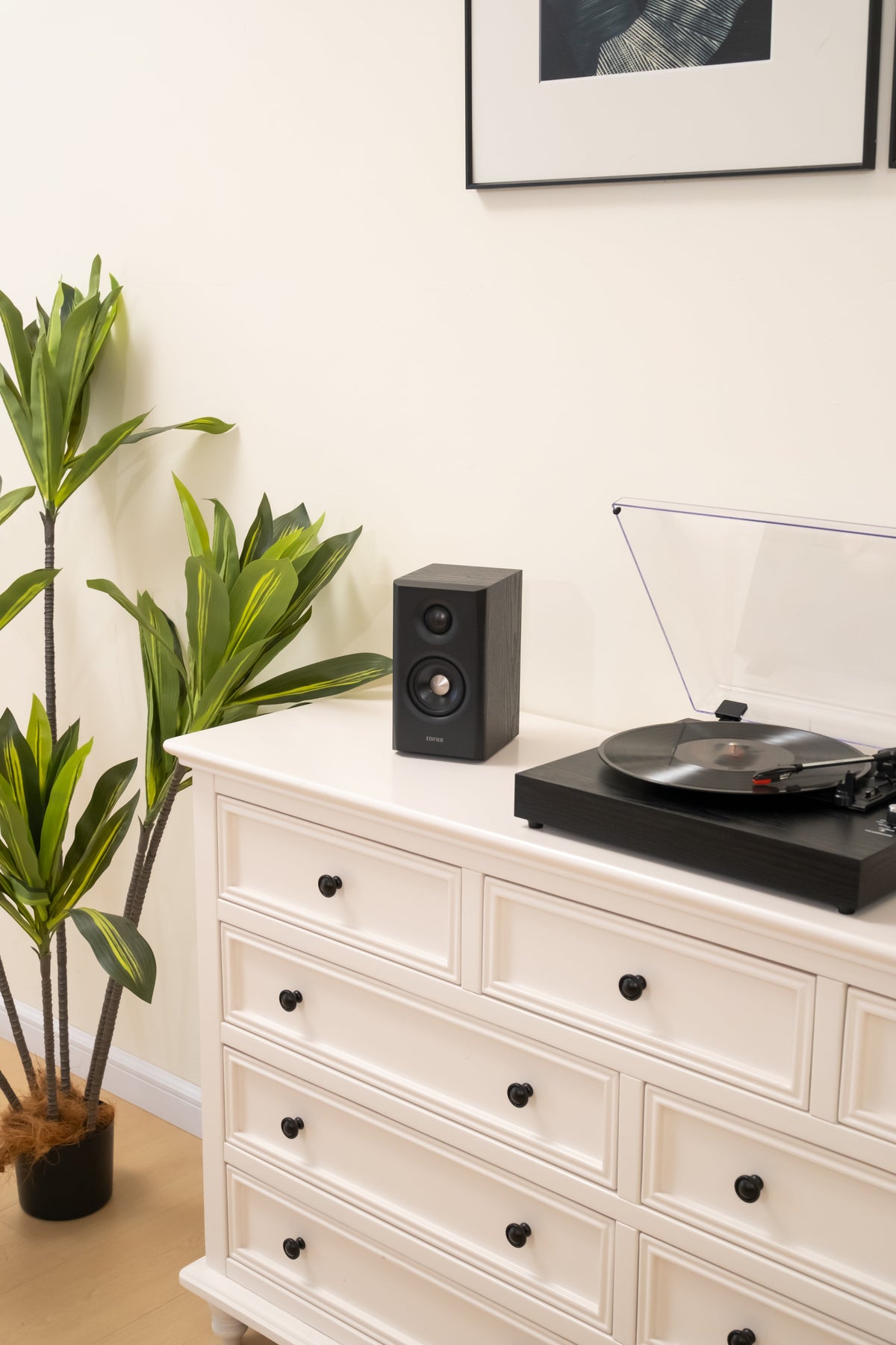 EDIFIER S355DB Black 2.1 speaker system satellite speaker on a white sideboard