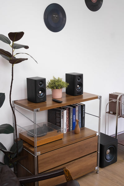 EDIFIER S355DB Black 2.1 speaker system in a compact turntable setup