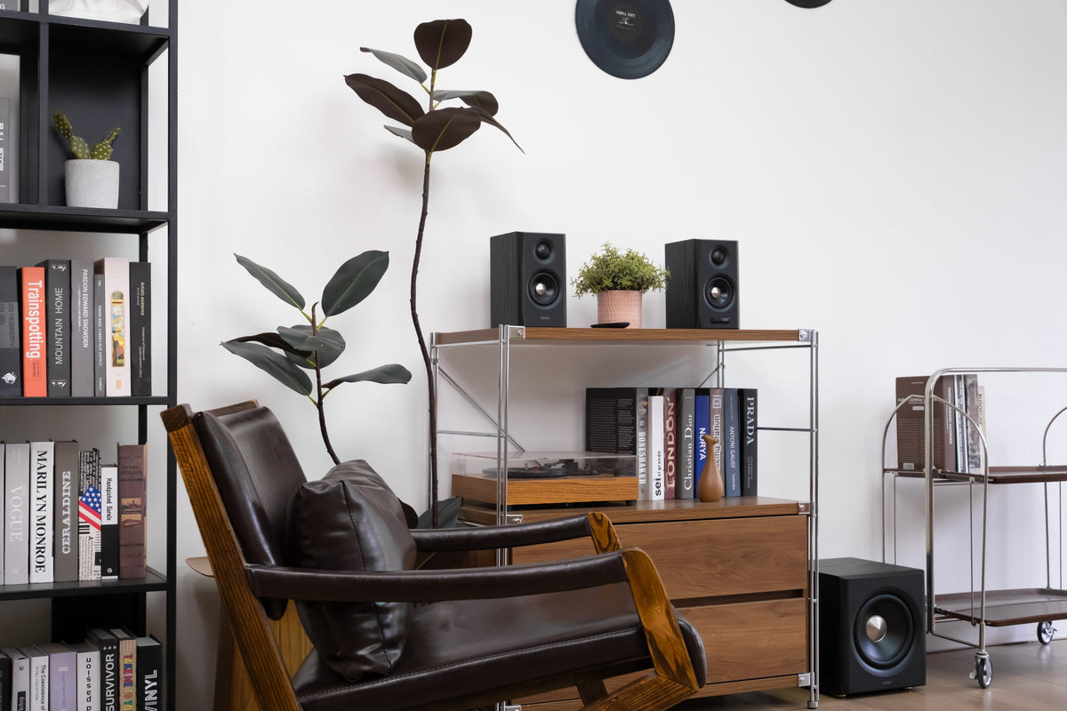 EDIFIER S355DB Black 2.1 speaker system in a lounge listening setup