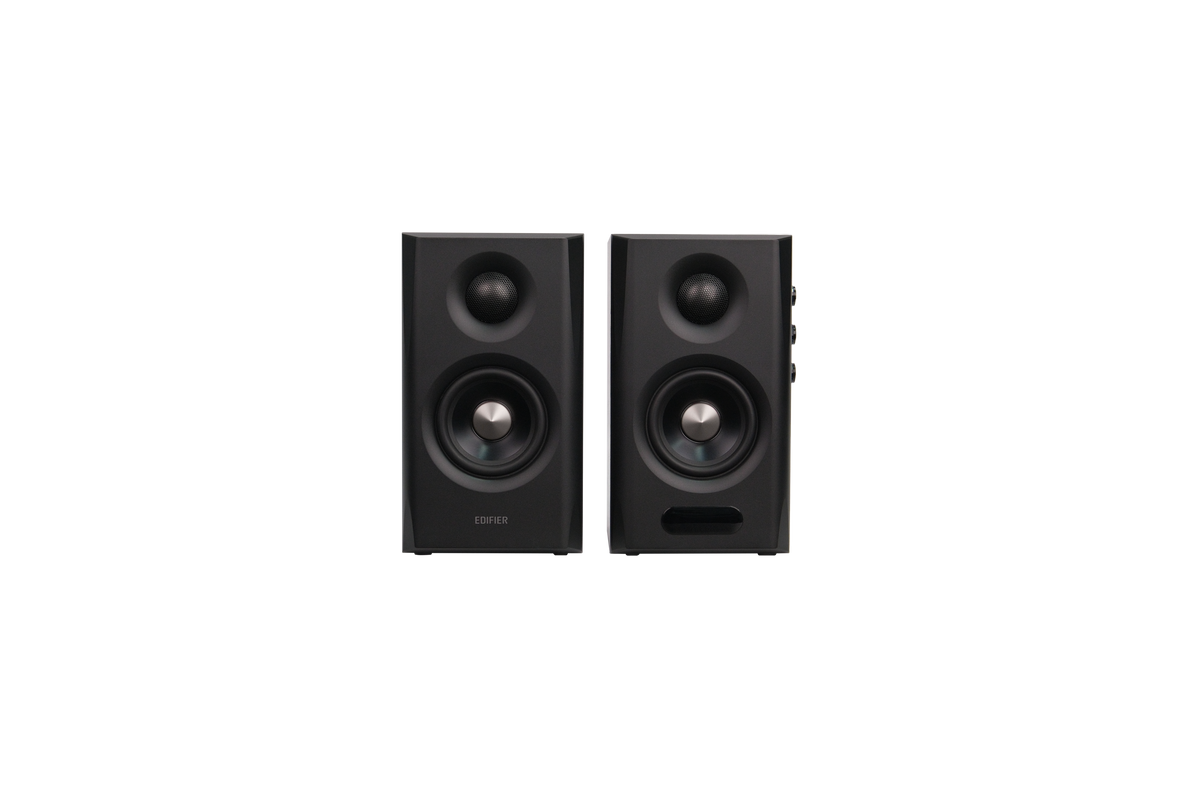 EDIFIER S355DB Walnut satellite speaker pair front view