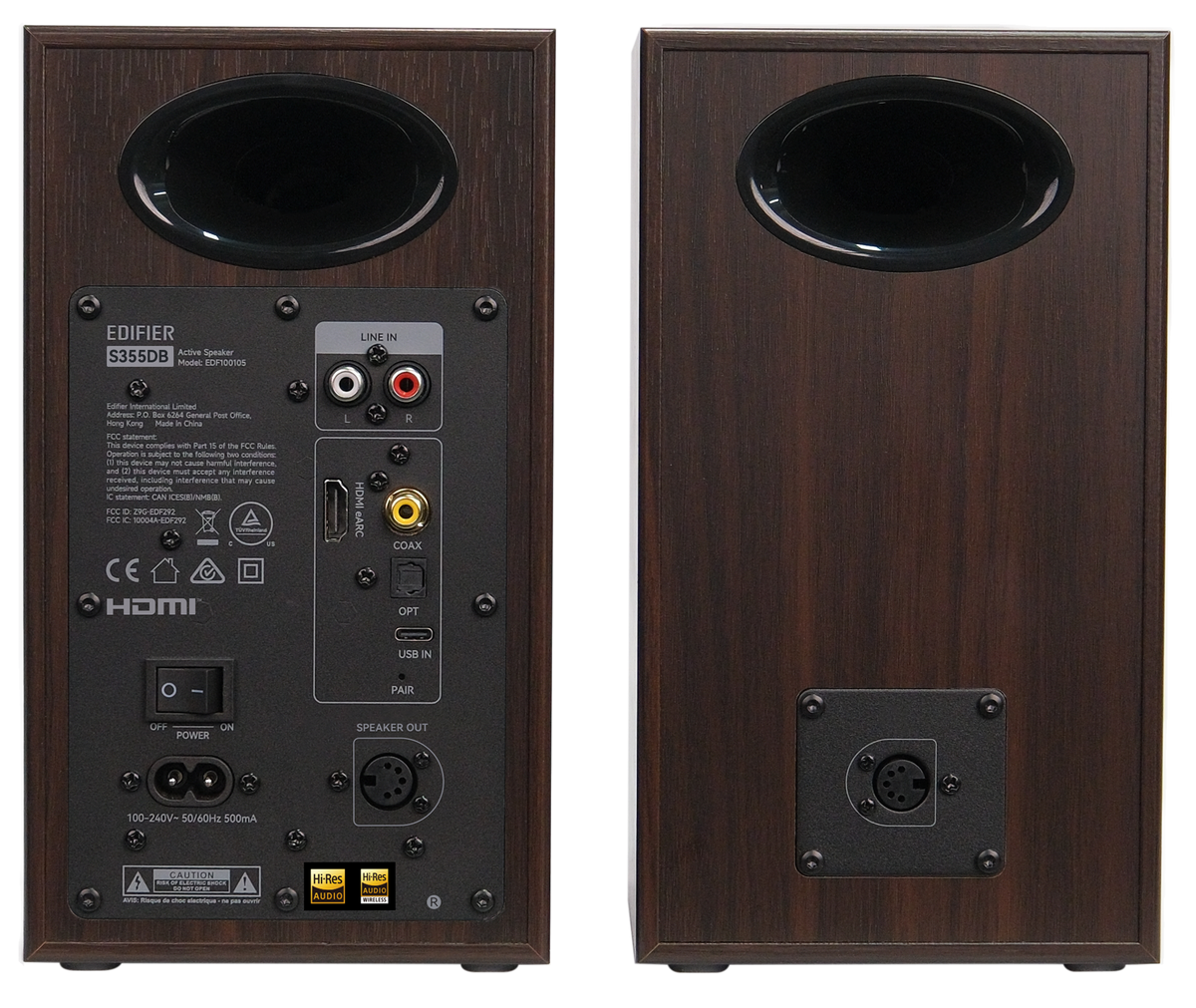 EDIFIER S355DB Walnut satellite speaker rear panels and connections