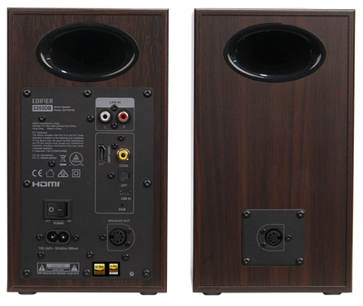 EDIFIER S355DB Walnut satellite speaker rear panels and connections