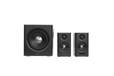 EDIFIER S355DB Walnut wireless subwoofer rear and bass port