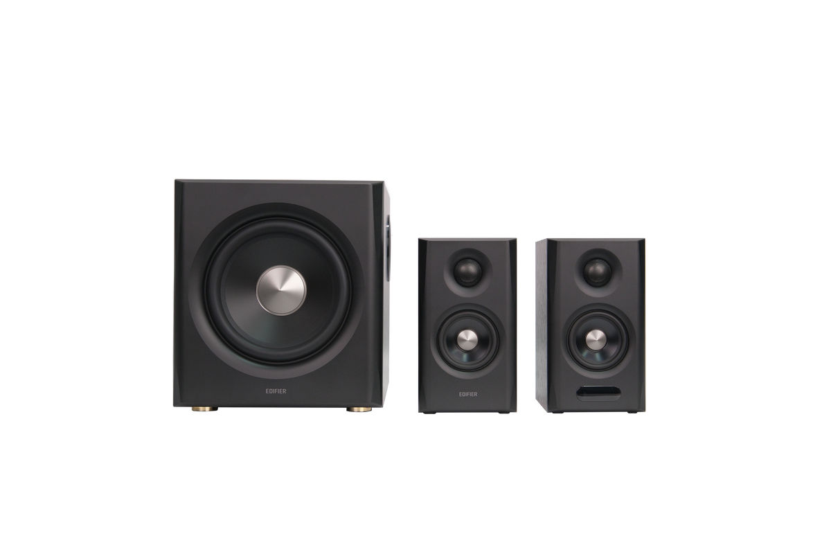 EDIFIER S355DB Walnut wireless subwoofer rear and bass port