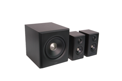 EDIFIER S355DB Walnut angled view of the complete speaker system