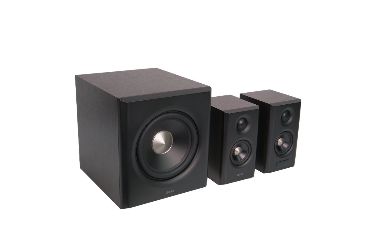EDIFIER S355DB Walnut angled view of the complete speaker system